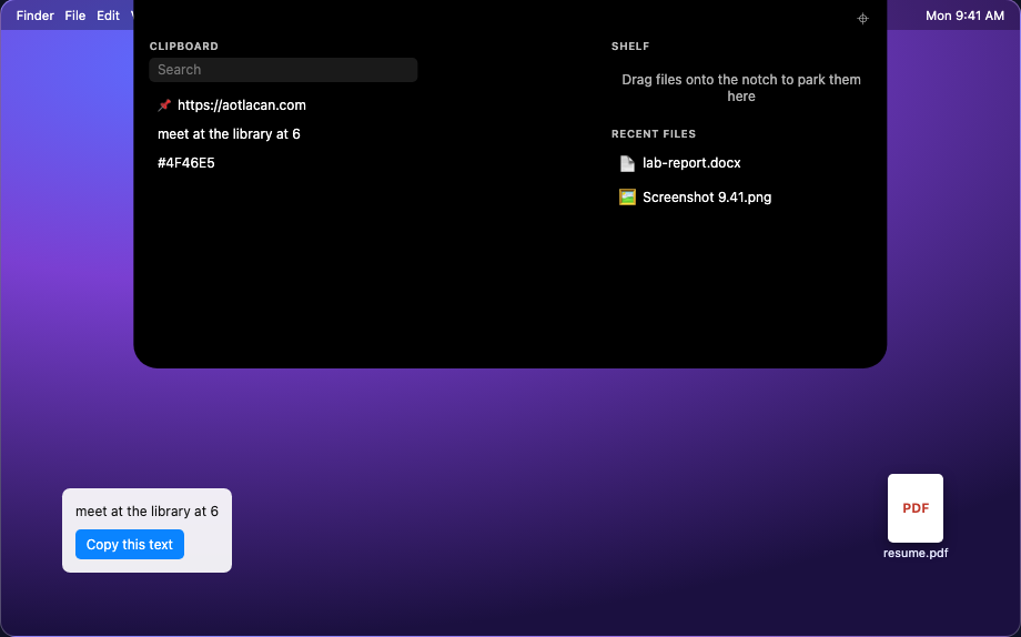 NotchApp expanded from the MacBook notch showing clipboard history and a file shelf