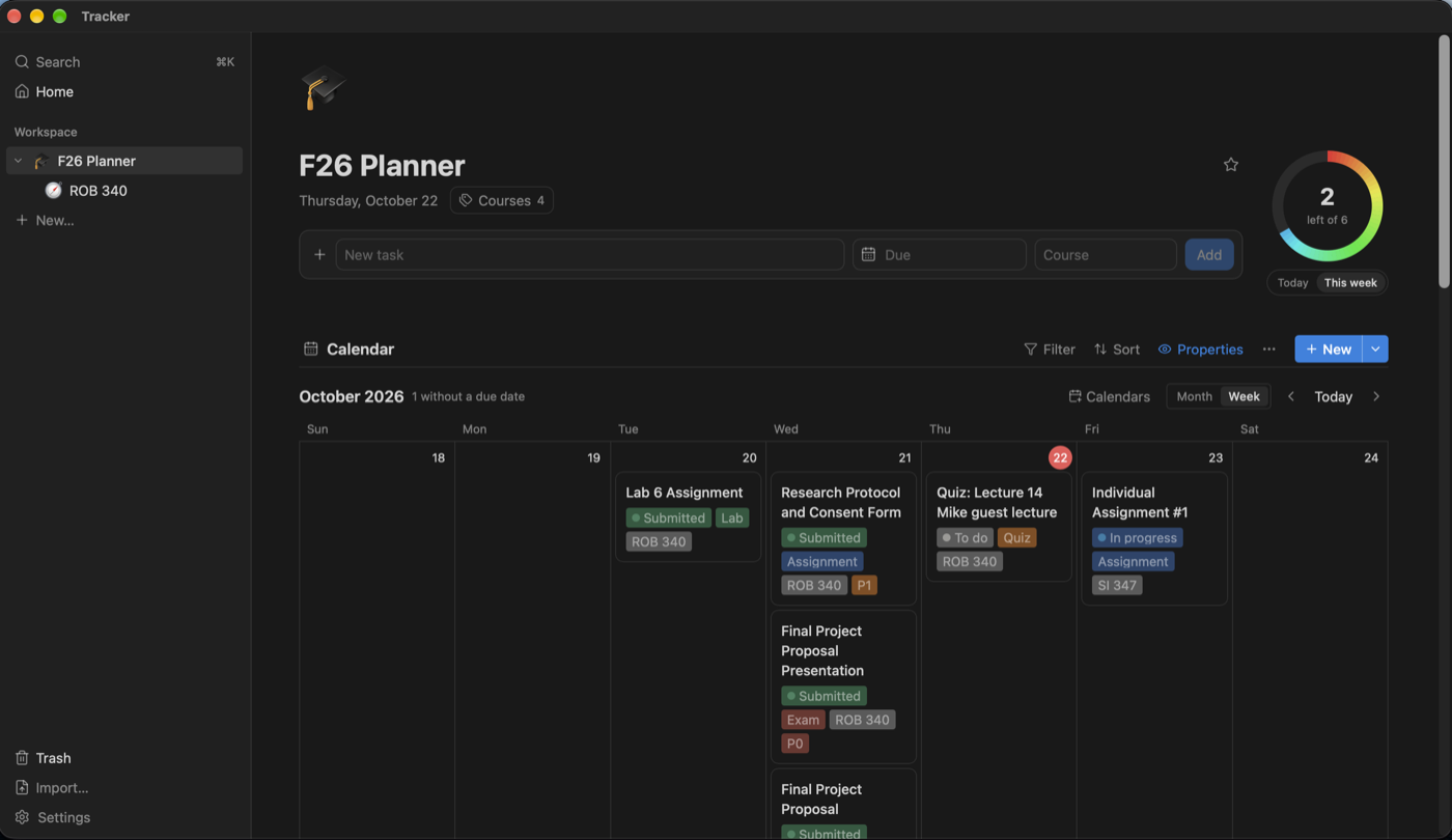 Tracker app showing a task database